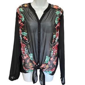 Worthington loose fit sheer floral front tie long sleeve, button front tunic.